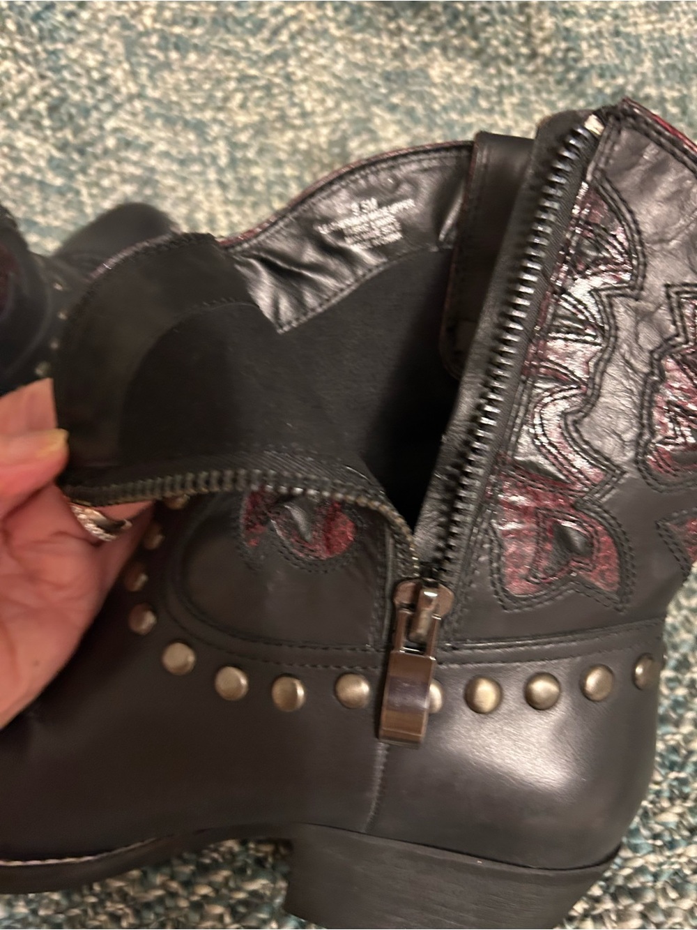 Reba Black Leather Studded Western Booties with Burgundy Stitching - Picture 5 of 7